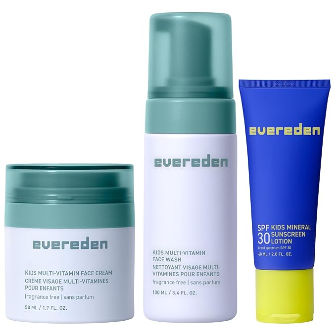 Evereden Daily 1-2-3 Routine: Clean, Vegan Skin Care Set for Kids, Hydrating, Non-Toxic Skincare Set with Multi-Vitamin Fragrance-Free Face Wash & Fragrance-Free Face Cream & SPF 30 Mineral Sunscreen