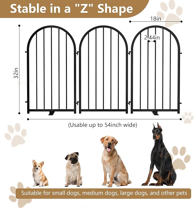 Full Metal Dog Gate for Indoor Outdoor, 32" Tall Free Standing Pet Dog Fence, 54" Wide Arched Pet Gates for Stairs, Hallways, Doorways, Kitchen, Decks, Yards (Black, 3 Panels)