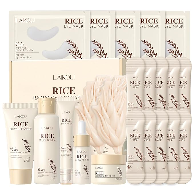 LAIKOU Korean Skin Care, Skin Care Set, Solid Shampoo, Eye Mask, Overnight Mask with Rice Cleanser, Toner, Eye Cream, Glow Serum,Cream for Women Teen Girls Mom Daughter Mother's Day Christmas Birthday