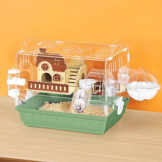 Hamster Cage Acrylic Hamster Habitat 360 Viewing Transparent Pet Rat Cage with Running Wheel & Hideout for Dwarf/Syrian Hamsters, Mice & Gerbils, Green, 13.3" L*10.2" W*12.4" H