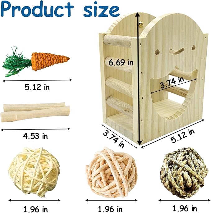 Hamiledyi Wood Rabbit Hay Feeder for Cage Bunny Hay Manger Rack Small Animals Feeding Holder Wooden Grass Dispenser with Chew Toys for Guinea Pig Chinchilla Hamster 9Pcs