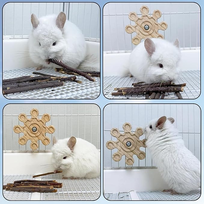 Rotating Chinchilla Chew Toys for Teeth and 250g(0.55lb) Organic Apple Sticks, Natural Wooden Chinchilla Cage Accessories Enrichement for Playtime Puzzle, Chinchillas Treats Molar Wood