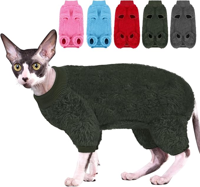 SUNFURA Sphynx Hairless Cat Sweater, Full Body Warm Fleece Sweaters with Sleeves for Cats, Soft Turtleneck Cat Clothes, Cozy Pullover Pajamas for Hairless Cats Devon, Donskoy, Army Green M