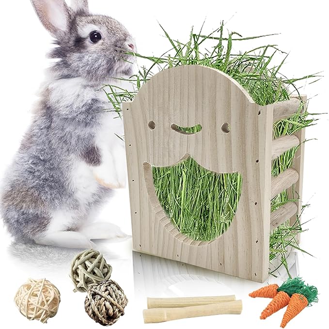 Hamiledyi Wood Rabbit Hay Feeder for Cage Bunny Hay Manger Rack Small Animals Feeding Holder Wooden Grass Dispenser with Chew Toys for Guinea Pig Chinchilla Hamster 9Pcs