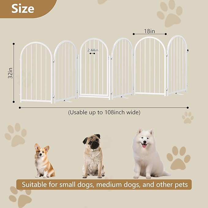 Full Metal Dog Gate with Door for Indoor Outdoor, 32" Tall Free Standing Pet Dog Fence, 108" Extra Wide Pet Gates for Stairs, Hallways, Doorways, Kitchen, Decks, Yards (White, 6 Panels)