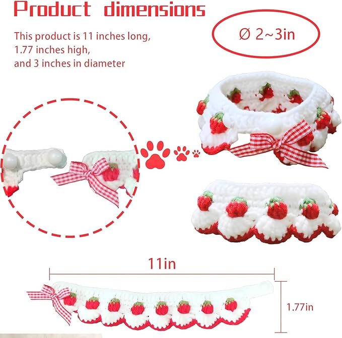 Cat Collar Breakaway, Kitten Collar with Cute Bow Tie Strawberry Pattern Comfortable for Kitty and Small Puppies, Bandana Fits Neck 2-3 Inches (White)