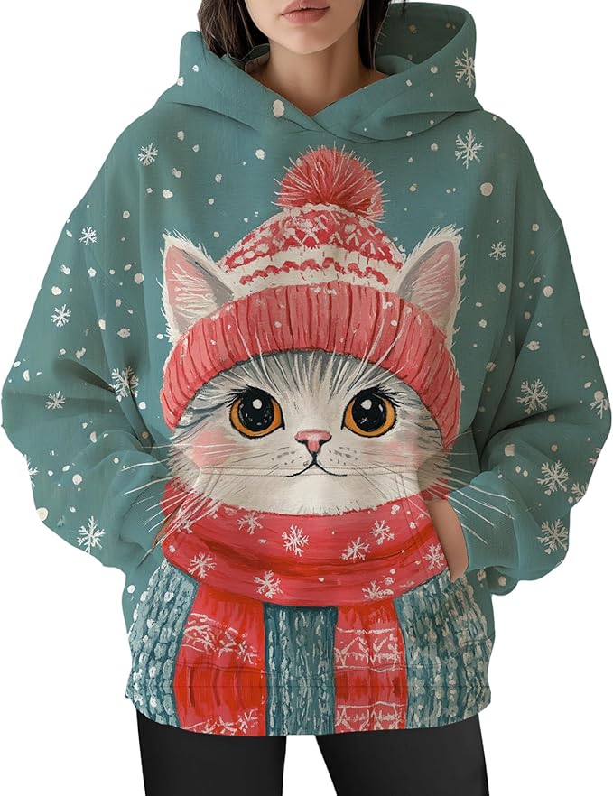 Womens Funny Cat Hoodies Oversized Graphic Hooded Sweatshirt for Women Fall Plus Size Pullover Hoodie Y2K