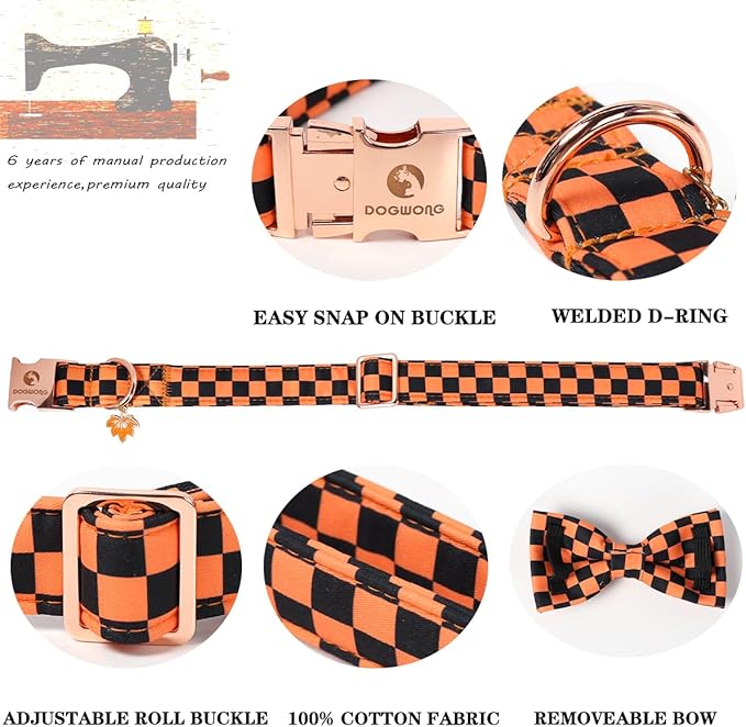DOGWONG Orange Pink Plaid Dog Collar with Bow - Adjustable and Comfortable Autumn Dog Collar Fall Necklace for Large Medium Small Pet