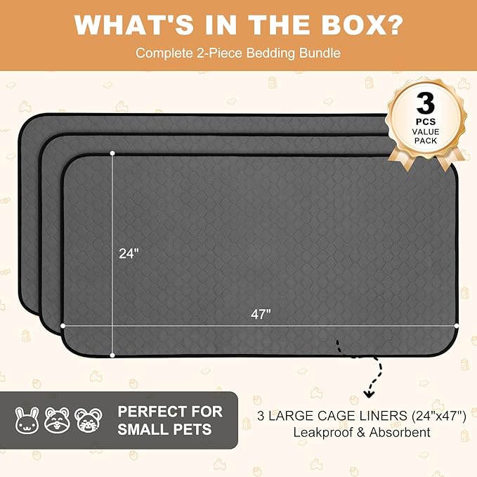 3 Pack Guinea Pig Cage Liners, Washable Guinea Pig Pee Pads Waterproof Reusable & Anti Slip Guinea Pig Bedding Fast and Super Absorbent Pee Pad Tarp Bottom for Small Animals (Dark Grey 24" X 47")