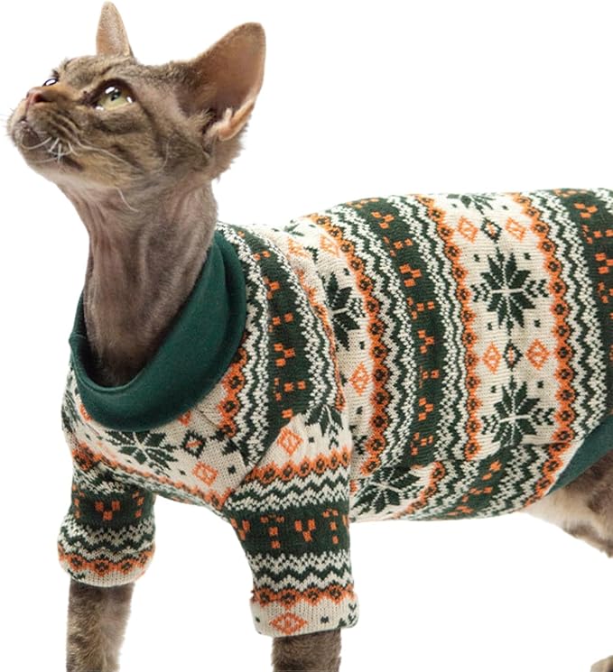 Cat Festive Sweater Pullover, Classic Soft Warm Christmas Clothes for Hairless Sphynx, Devon & All Indoor Kittens (Green,L)