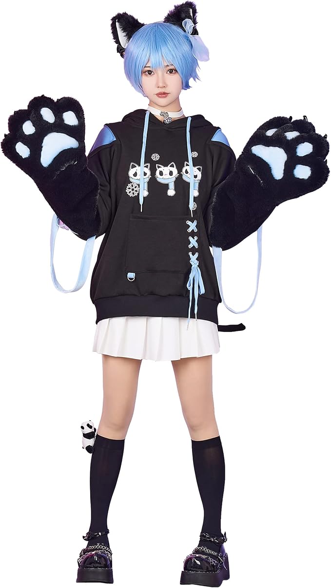 Micotaku Womens Pullover Hoodie with Detachable Bag Design Furry Cat Paw Gloves Skull Cat Pattern Sweatshirt