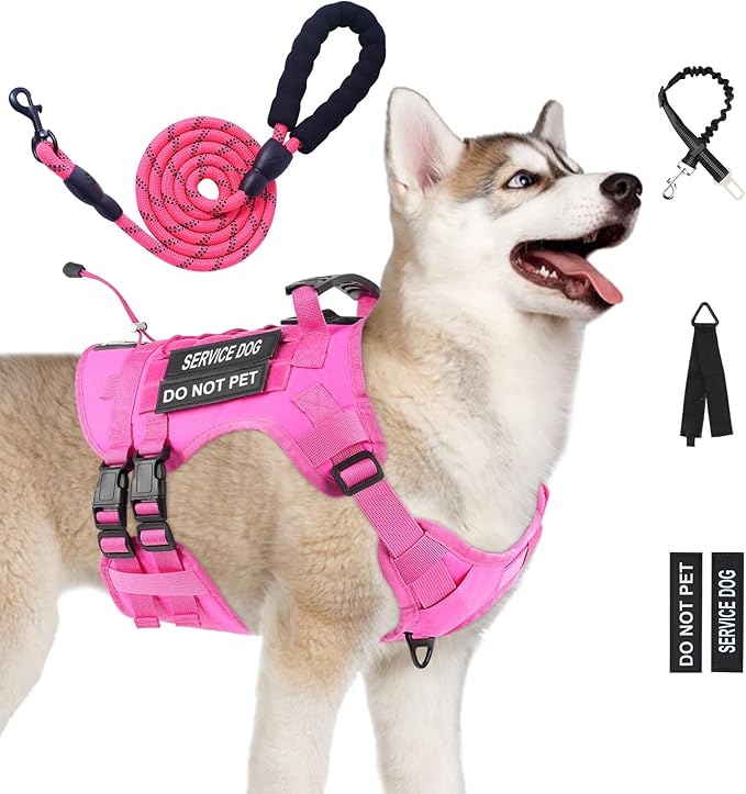 No Pull Tactical Dog Harness for Large Dogs, Escape Proof Molle Dog Vest Harness and Leash Set, Adjustable Military Service Dog Harness with Handle for Medium Large Dogs (Pink, M)