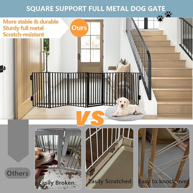 Full Metal Freestanding Dog Gates with Door, 32" Height Dog Fences for Indoor & Outdoor, Extra Wide Foldable Pet Gates for Stairs, Hallways, Doorways, Yard (6 Panels, 120" W × 36" H)