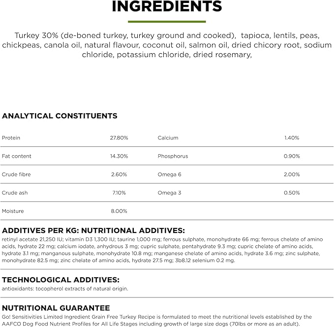 Go! Solutions Sensitivities Limited Ingredient Turkey Grain-Free Dry Dog Food, Chicken-Free Kibble Made by Experts for Sensitive Stomachs & Food Allergies, for Puppies, Adults, & Seniors, 3.5 lb Bag