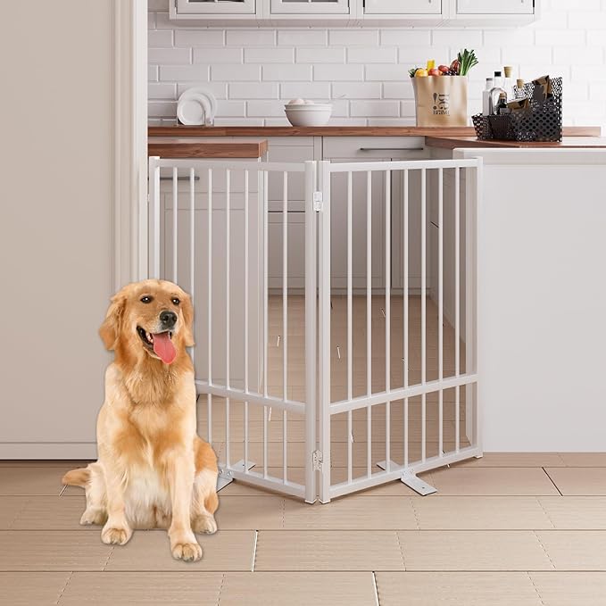 2 Panels Full Metal Freestanding Dog Gates, 40” W x 32” H Folding Pet Gate Fence with Support Feet for Indoor,Stairs, Hallways and Doorways(White)