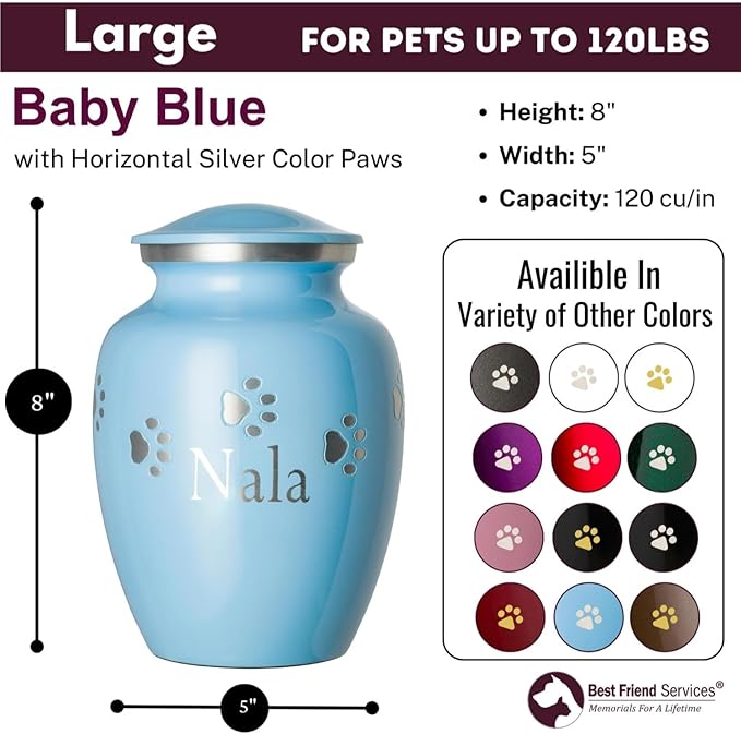 Pet Urn for Dogs and Cats with Personalized Laser Engraving, Ottillie Paws Premier Series Memorial Urns (Large Baby Blue with Horizontal Pewter Paws)