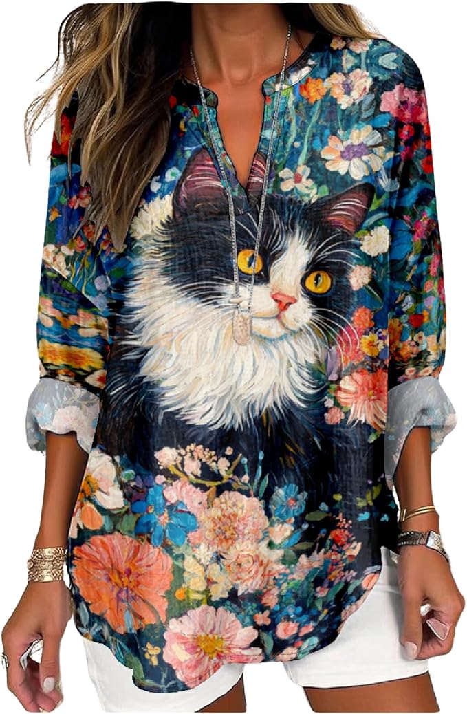 MARSVOVO Cat Shirts for Women Long Sleeve Cute Cat Pullover Graphic Novelty V Neck Blouse Oversized Funny Tunic Tops