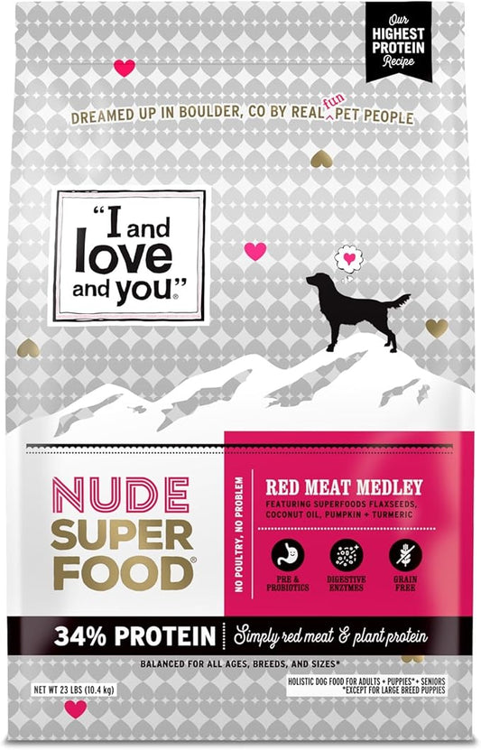 I and love and you Nude Super Food Dry Dog Food - Red Meat Medley - Prebiotic + Probiotic, Grain Free, Real Meat, No Fillers, 23lb Bag