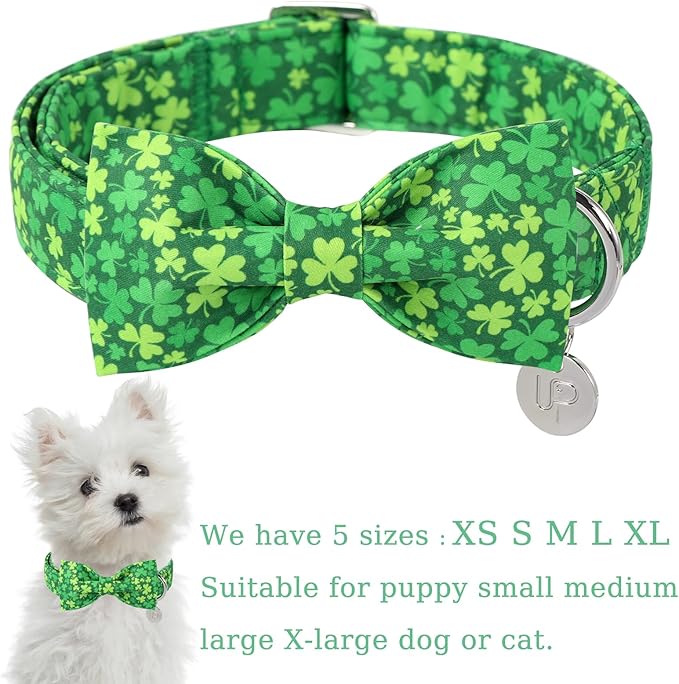 St. Patrick's Day Dog Collar with Bow Tie, Cotton St. Patrick's Day Bowtie Collar for Girl Boy Dosg, Lucky Shamrock Pet Collars with Metal Buckle, Spring, L, Neck 16-24in