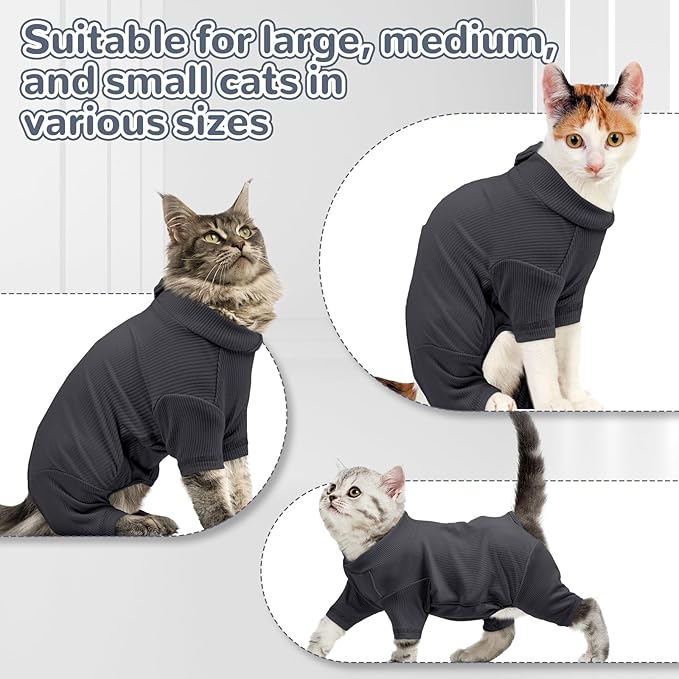 Sticky Hair Cat Clothes, Breathable & Lightweight, Reduces Shedding Fur Pajamas, Full Body Long Sleeve Surgical Bodysuit, Stop Licking & Shedding Darkgrey S