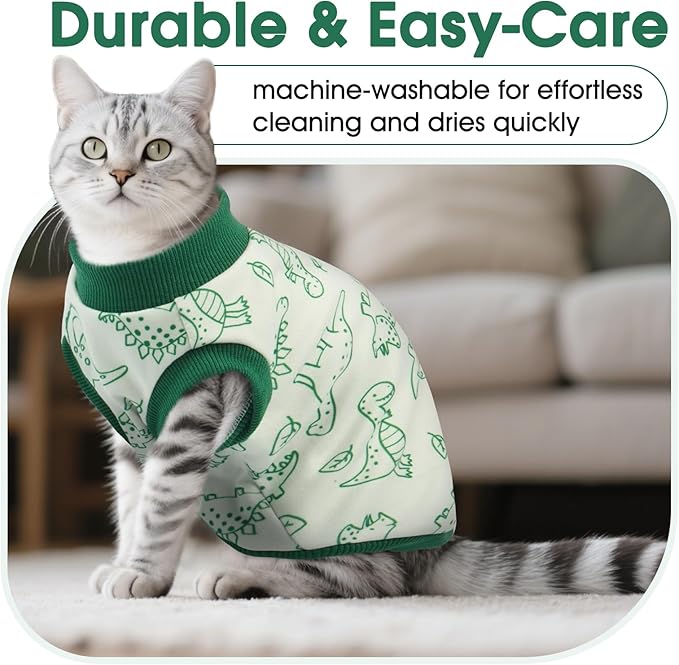 DENTRUN Sleeveless Cat Vest with Dinosaur Print, Breathable Ultra-Soft Dralon Fleece Cat Sweater, All-Season Pet Costume Apparel for Cats, Kitten Clothing for Indoor/Outdoor, Green, XXL