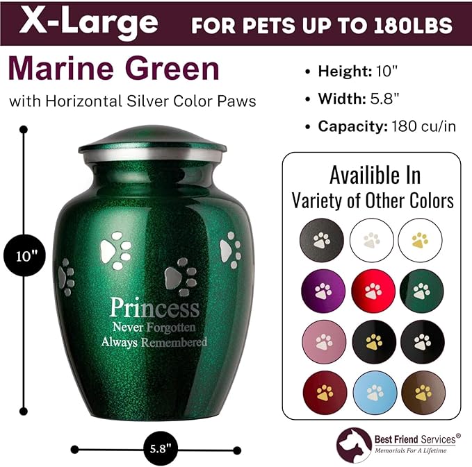 Pet Urn for Dogs and Cats with Personalized Laser Engraving, Ottillie Paws Premier Series Memorial Urns (X-Large Marine Green with Horizontal Pewter Paws)