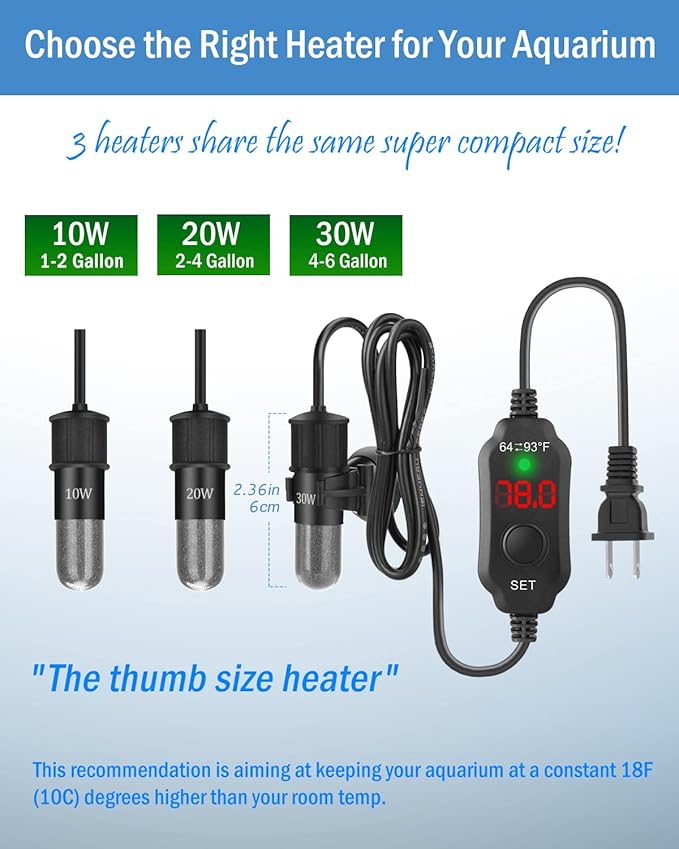 AquaMiracle Adjustable 10W Small Aquarium Heater Submersible Fish Tank Heater Betta Heater Turtle Heater Super Mini Aquarium Heater with Digital Display Thermostat, for 1-2 Gallon Tanks