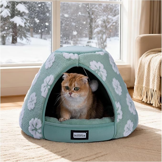 BALANCE Cat Beds for Indoor Cats, 2-in-1 Cat Bed Cave with Anti-Slip Bottom and Ultra-Soft Plush, Cozy Cats House Tent for Kittens and Small Dogs, 21 Inches, Green