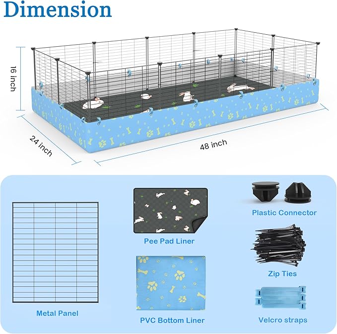 Guinea Pig Cages with Tarp and Reusable Bedding Pee Pad Liner, 24" x 48" Large Guinea Pig Playpen C&C Rabbit Bunny Cage Indoor for 2 Small Animal