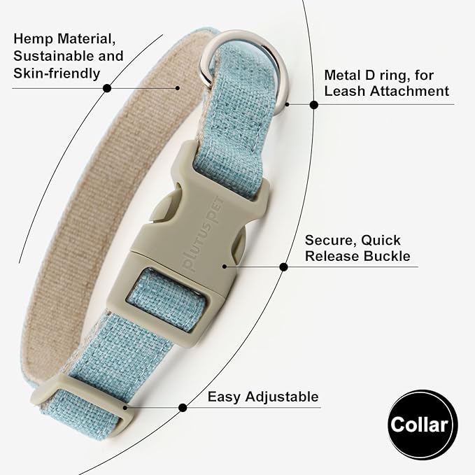 Plutus Pet Cotton Hemp Dog Collar and Leash Set, Adjustable Collar for Small, Medium, and Large Dogs, Heavy Duty and Soft on Skin, Light Blue, S