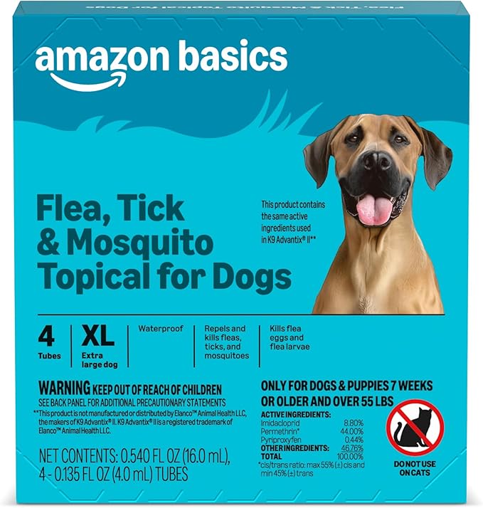 Amazon Basics PreventativeFlea, Tick & Mosquito Topical Treatment for X-Large Dog (Over 55 Pounds), 4 Count, Packaging May Vary