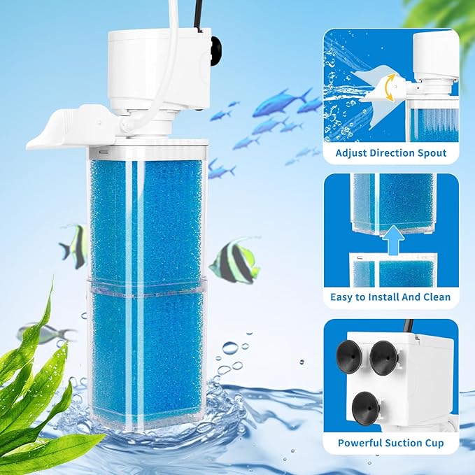 Fish Tank Filters for 10-40 Gallon Tanks, Submersible Aquarium Filter with Filtration, Oxygenation, Wavemaker, Circulation 4-in-1, Powerful Aquarium Filter for Fresh/Saltwater Tank