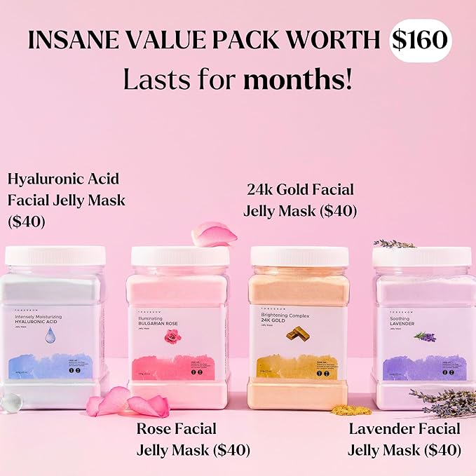 VogueNow Premium Jelly Face Mask for Facials - Bulgarian Rose, 24K Gold, Lavender & Hyaluronic Acid (Pack of 4) - Hydrating, Brightening & Nourishing Jelly Mask | International Womens Day Gifts