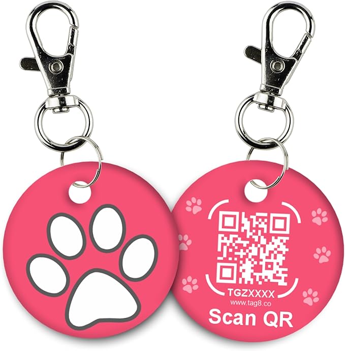 tag8 QR Code ID Tag for Dogs & Cats, Real-Time Scan Alerts, Online Pet Info Access, No Subscription or Fees, Durable Pet Tag for Collars - Pink