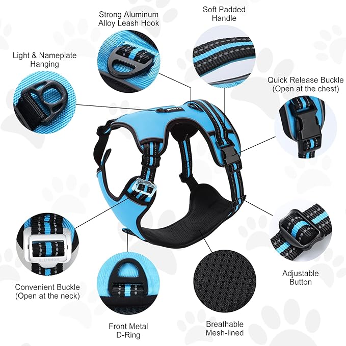 No Pull Dog Harness with 3 Snap Buckles,No Choke Front Lead pet Harness Reflective and Adjustable Soft Padded Vest for Small Medium Large Dog (Blue, Large)
