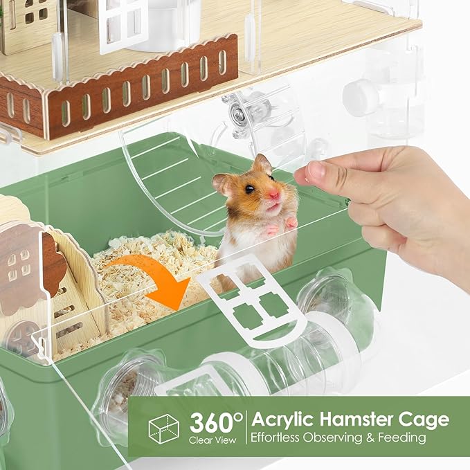 Acrylic Hamster Cage Chew Proof Hamster Habitat Large Hamster Enclosure, 13.3''* 9.8''* 17.4'' Clear Pet Mice House for Dwarf Syrian Small Hamsters, Green