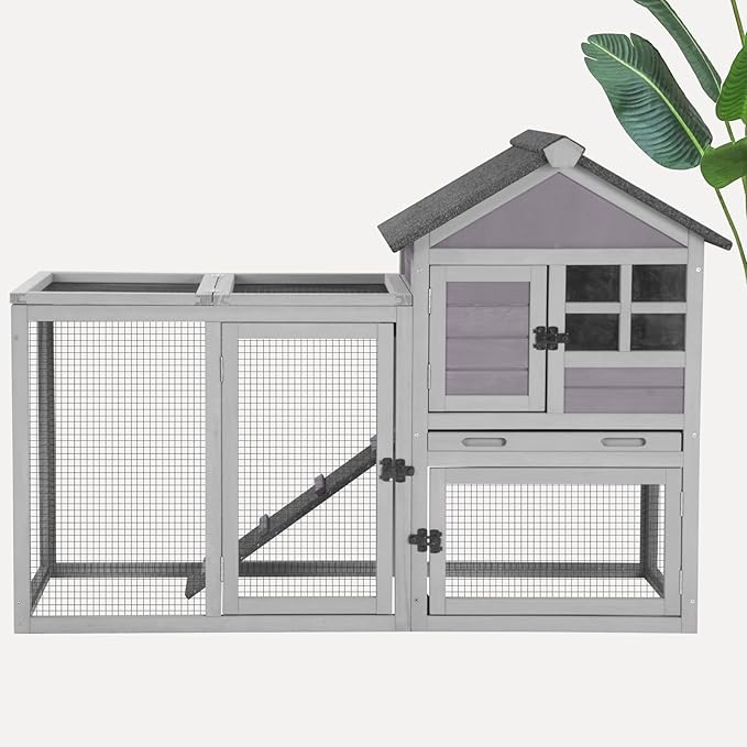 Rabbit Hutch Indoor Outdoor Bunny Cage with 5 Access Doors, Run, Pull-Out Deeper Leakproof Tray and Waterproof Roof