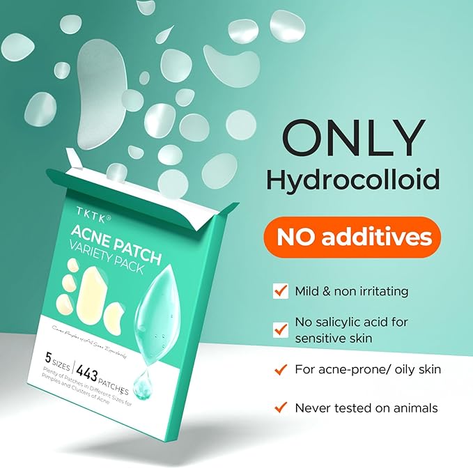 TKTK 443 Count Pimple Patches for Face, Hydrocolloid Acne Patch Bulk, Acne Stickers for Covering Cheeks, Forehead, Chin Blemishes Zit Breakouts for All Skin Types (Dots, Strip, Contoured 5 Sizes)