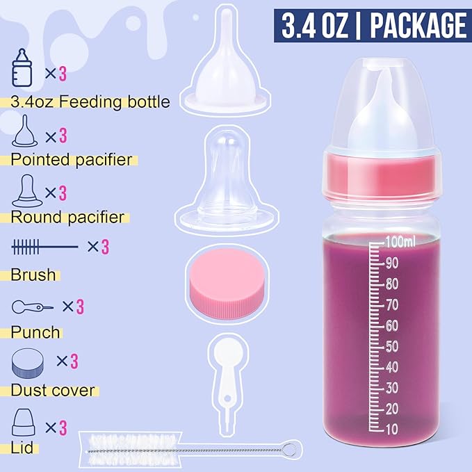 ASEVAT 3.4 oz 3Pack Pet Feeding Bottle, Anti-Choking Puppy Feeder Design,with 3pcs Replaceable and Reusable Silicone Nipples for Feeding Puppies, Kittens, Small Animals