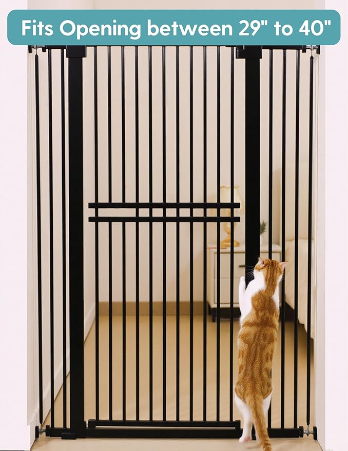 No Pawblems 55" Extra Tall Pet Gate for Cat/Dog, 29-40" Wide Auto Close Tall Dog Gate for Doorways/Hallways, 1.37" Ultra Narrow Spacing, NO Drilling Pressure Mounted, Black