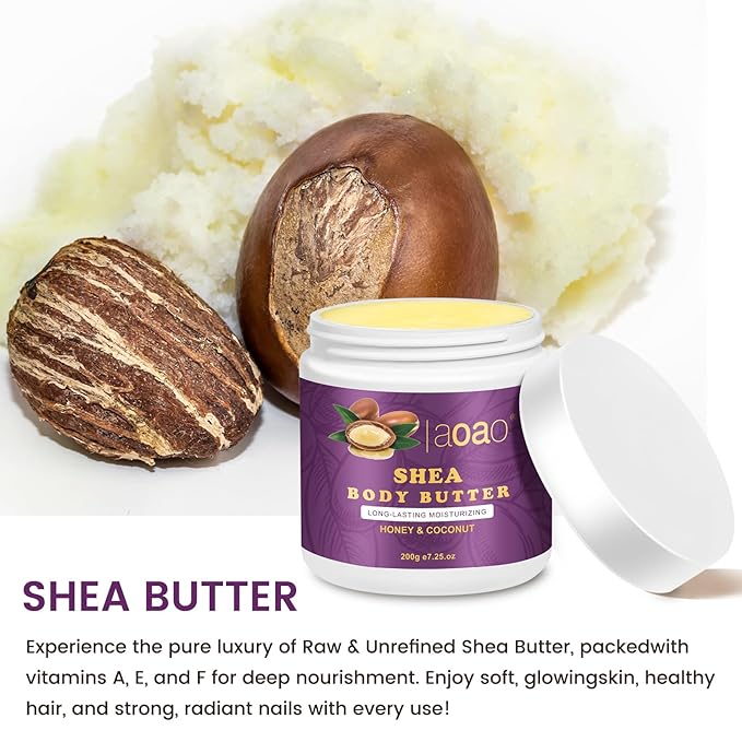AOAO Shea Body Butter for Stretch Marks Pregnancy, Deeply Nourishing & Safe Moisturizer with Honey, Coconut & Vitamin-Rich Formula for Pregnant Women, Helps Soothe & Moisturize Stretch Marks, 7.05oz