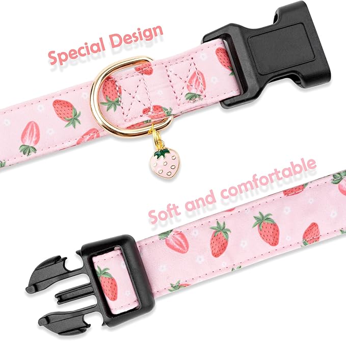 Faygarsle Pink Strawberry Print Cotton Dog Collar for Small, Medium, Large Boys Girls Dogs M