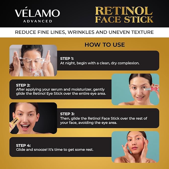 VELAMO ADVANCED Retinol Face Stick: Reduce Fine Lines Wrinkles and Uneven Texture - Retinol Cream for Face Anti Wrinkle Anti Aging - 0.28 OZ/8g