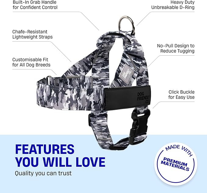 DF Co. Dog Harness | Chafe Resistant Webbing, Adjustable Neck & Chest, and Heavy Duty D-Ring | Sturdy, Comfortable, Easy to Use | Grey Camo, Size XL