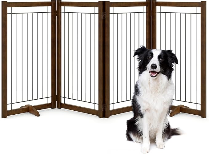Wire Dog Gate Solid Wood Frame, Anti-Chewing, 4-Panel, 36" Height, 80" Width, Indoor Freestanding Pet Gate Foldable Wooden Dog Fences for Stairs, House, Doorway, Walnut Color
