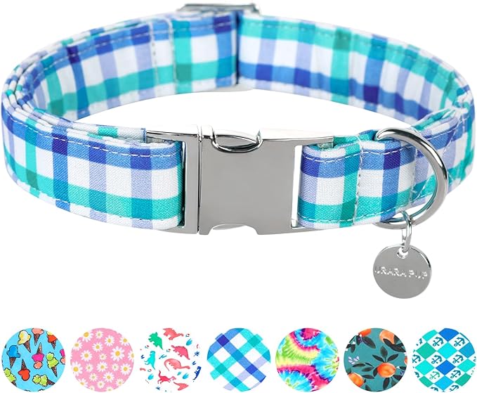 Blue Plaid Summer Cotton Dog Collar with Metal Buckle Gift Collar for Small Medium Large Girls or Boys Dogs Cute Durable Comfortable Pet Collars