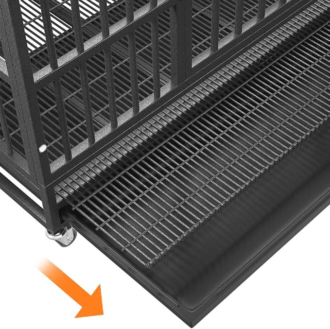 42 inch Heavy Duty Indestructible and Escape-Proof Dog Crate Cage Kennel for Large Dogs, High Anxiety Dog Crate with Removable Wire Trays and Wheels, Extra Large XL XXL, Siliver
