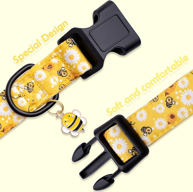 Faygarsle Dog Collar for Small Medium Large Dogs Yellow Puppy Collars for Female Dogs Floral Bee Daisy Patterned Pet Collars for Summer Spring Wedding Puppy Girl Dog Collar L