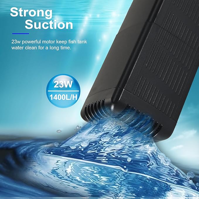 Internal Fish Tank Filter with 4-Stage Biochemical Sponge Filtration, 23W Adjustable Water Flow Submersible Aquarium Filter Pump for 80~120 Gal Freshwater or 50~70 Gal Saltwater, TC-3000C(370GPH)