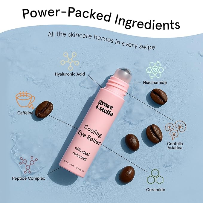 grace & stella Under Eye Brightener with Cooling Metal Rollerball - Centella Asiatica & Caffeine Eye Serum for Puffy Eyes - Travel Essentials - Under Eye Cream - Travel Essentials (15ml / 0.51floz)